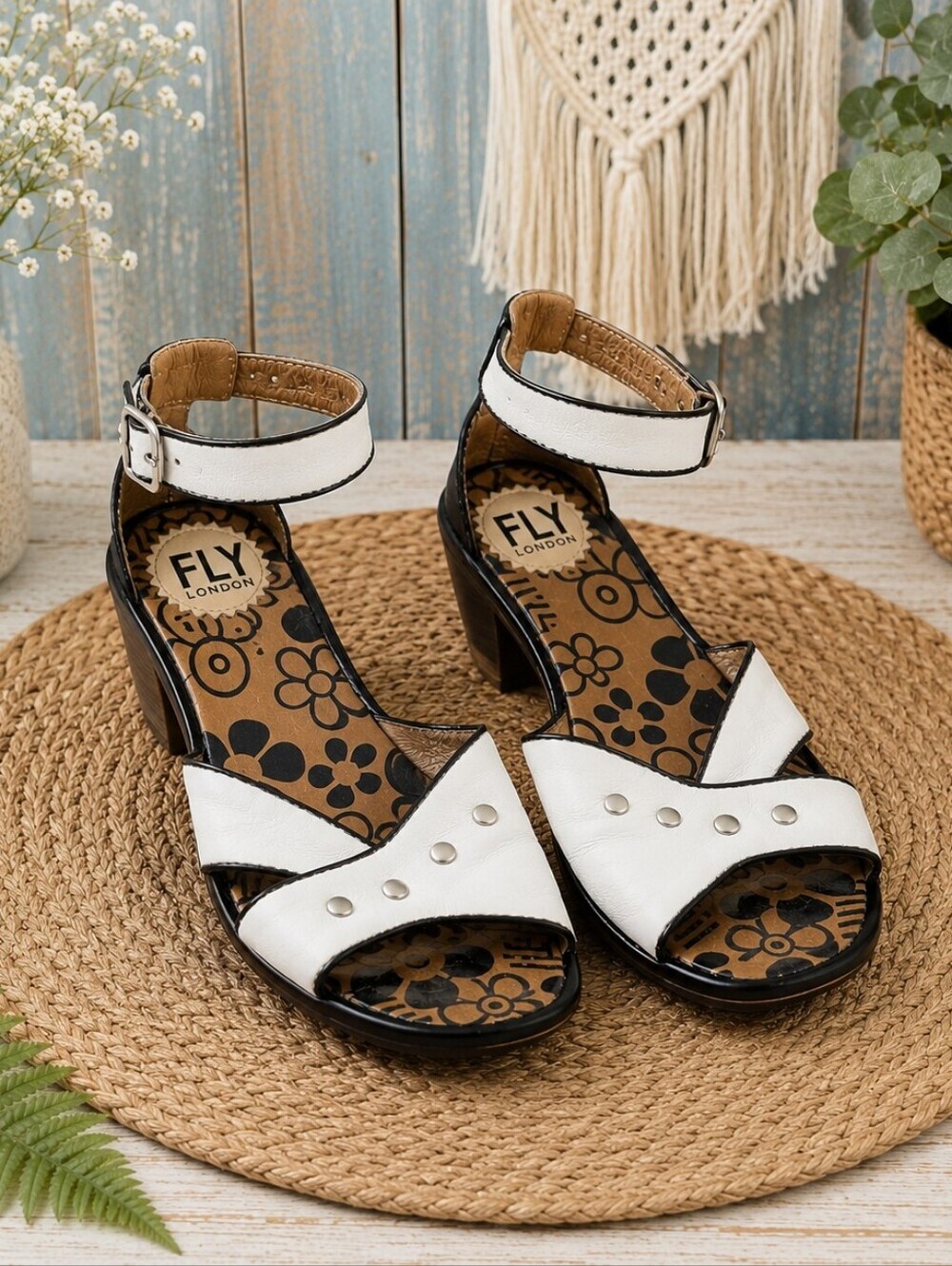 FLY London Women's White Leather Ankle-Strap Sandals